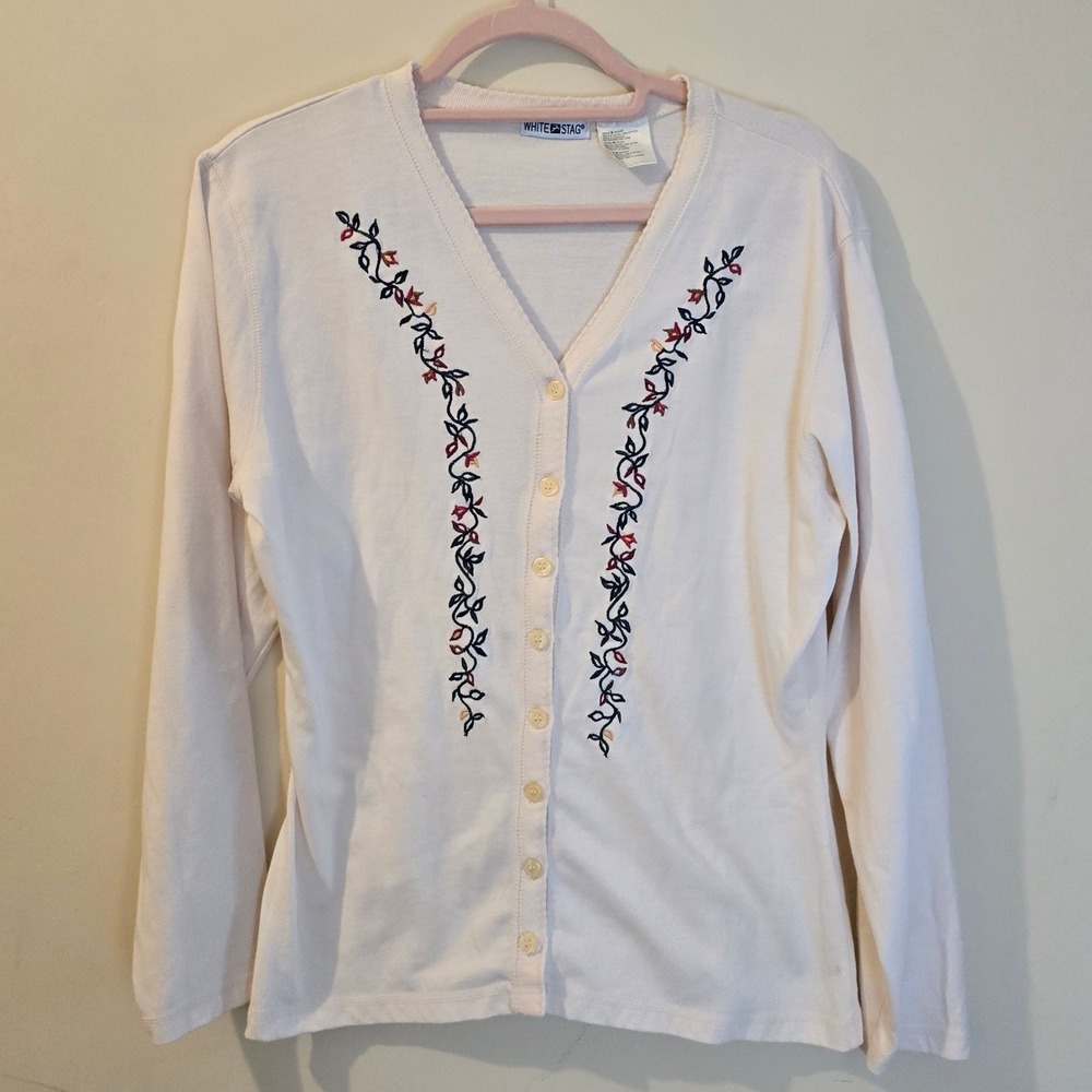 White Stag Womens Cream Floral Embroidered Button Front Cardigan Sweater Medium